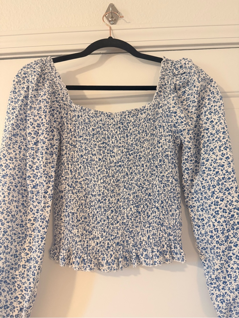 Smocked Square-Neck Peasant Top - Blue Floral